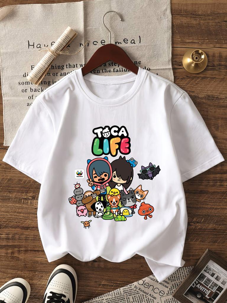 T-shirt Grafica Toca Life World per Bambine Bianca Rosa Manica Corta T-shirt Moda Top per Bambini Cotone Estate Casual Girocollo Maglietta