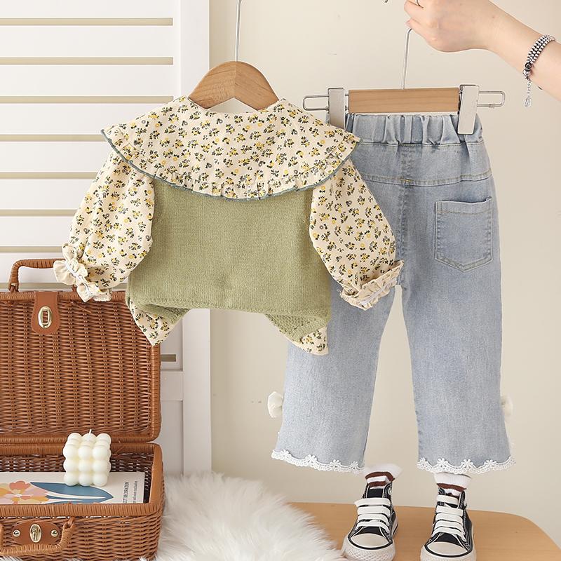 Girls' Long Sleeved 3-piece Set, 0-5-year-old Girls' Knitted Vest+floral Print Lapel Shirt+casual Denim Pants Set, Cute Clothes for Baby Girls