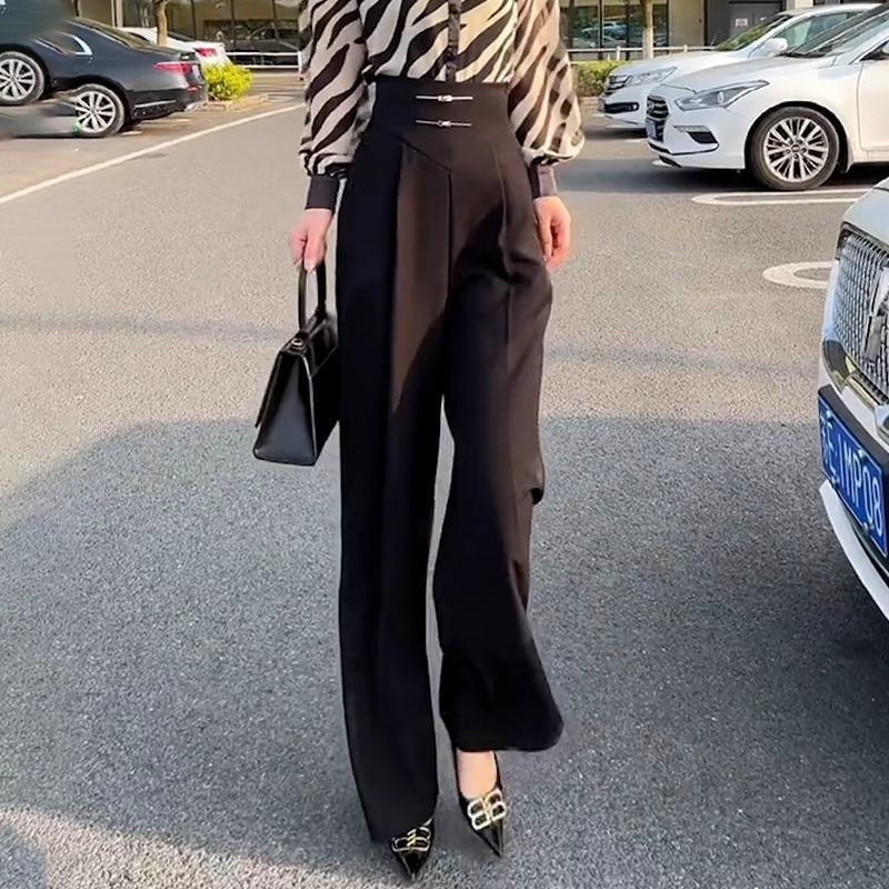 Women's Autumn 2025 Black Wide-Leg Pants: New Chinese Style Slim Fit Straight-Leg