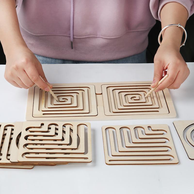 Kids Left Right Brain Puzzle Pen Movement Trajectory Control Panel Training Hand Brain Coordination Children Wooden Learning Playthings