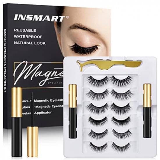 Magnetic Eyelashes with Magnetic Eyeliner Kit -10 Pairs Upgraded 3D 5D Magnetic Eyelashes Kit with Tweezers & 2 Tubes of Magnetic Eyeliner, Reusable, 6 Pairs