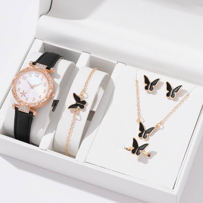 Stylish Watch with Matching Pendant Necklace Chain Bracelet Rings Butterfly Studs Earrings Jewelry Set Alloy Texture