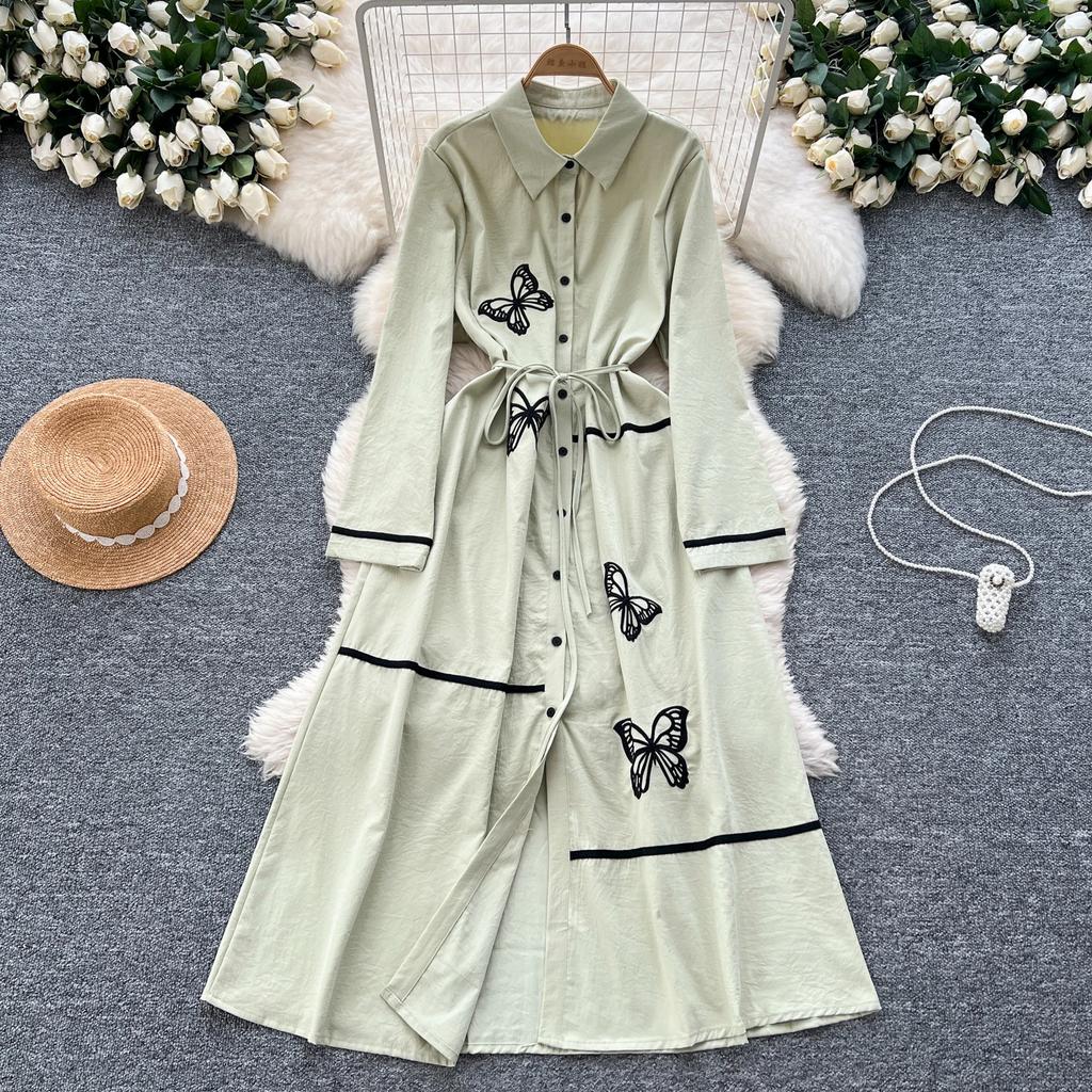 Elegant Butterfly Embroidered Polo-neck Vintage Long Sleeves Single Breasted Slim A-line Long Dress French High Street Clothing