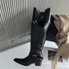 Aneikeh Winter Punk Style Women Knee-High Boots Designer Square Heels Buckle Strap Shoes Ladies Booties