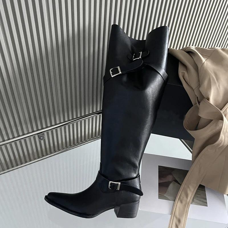 Aneikeh Winter Punk Style Women Knee-High Boots Designer Square Heels Buckle Strap Shoes Ladies Booties