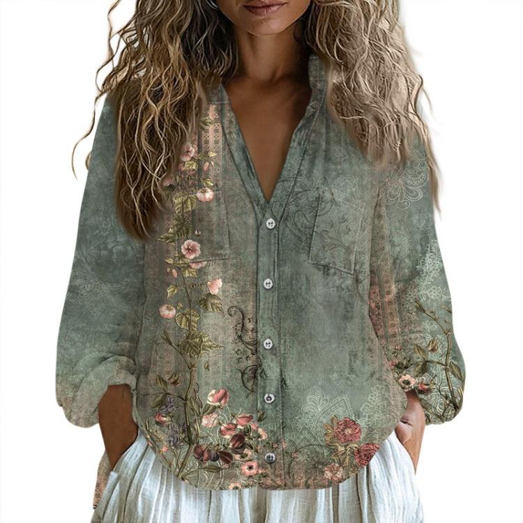 Boho Vintage Damen Lockerer V-Ausschnitt Langarm Baumwolle Leinen Bluse T-Shirt Top