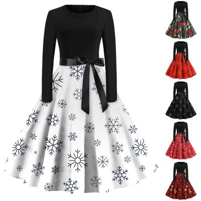 Christmas Print Flare Dress For Women Round Neck Long Sleeve Dress Casual Dresses