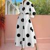 Boho Polka Dots Print Womens Wrap Shirt Dress Long Sleeve Maxi V Neck Swing Dress Lapel Collar Long Dress