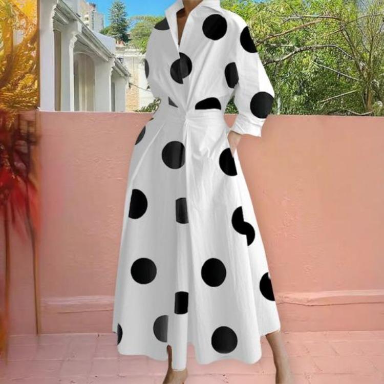 Boho Polka Dots Print Womens Wrap Shirt Dress Long Sleeve Maxi V Neck Swing Dress Lapel Collar Long Dress