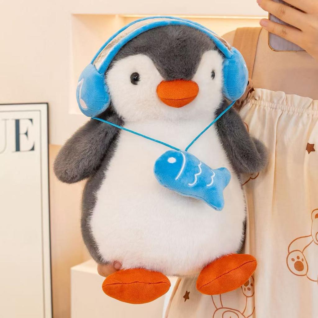 25/35cm New Simulation Penguin Doll with Headphones Plush Toy Cartoon Anime Cute Pillow for Children's Birthday Gift Fun Doll