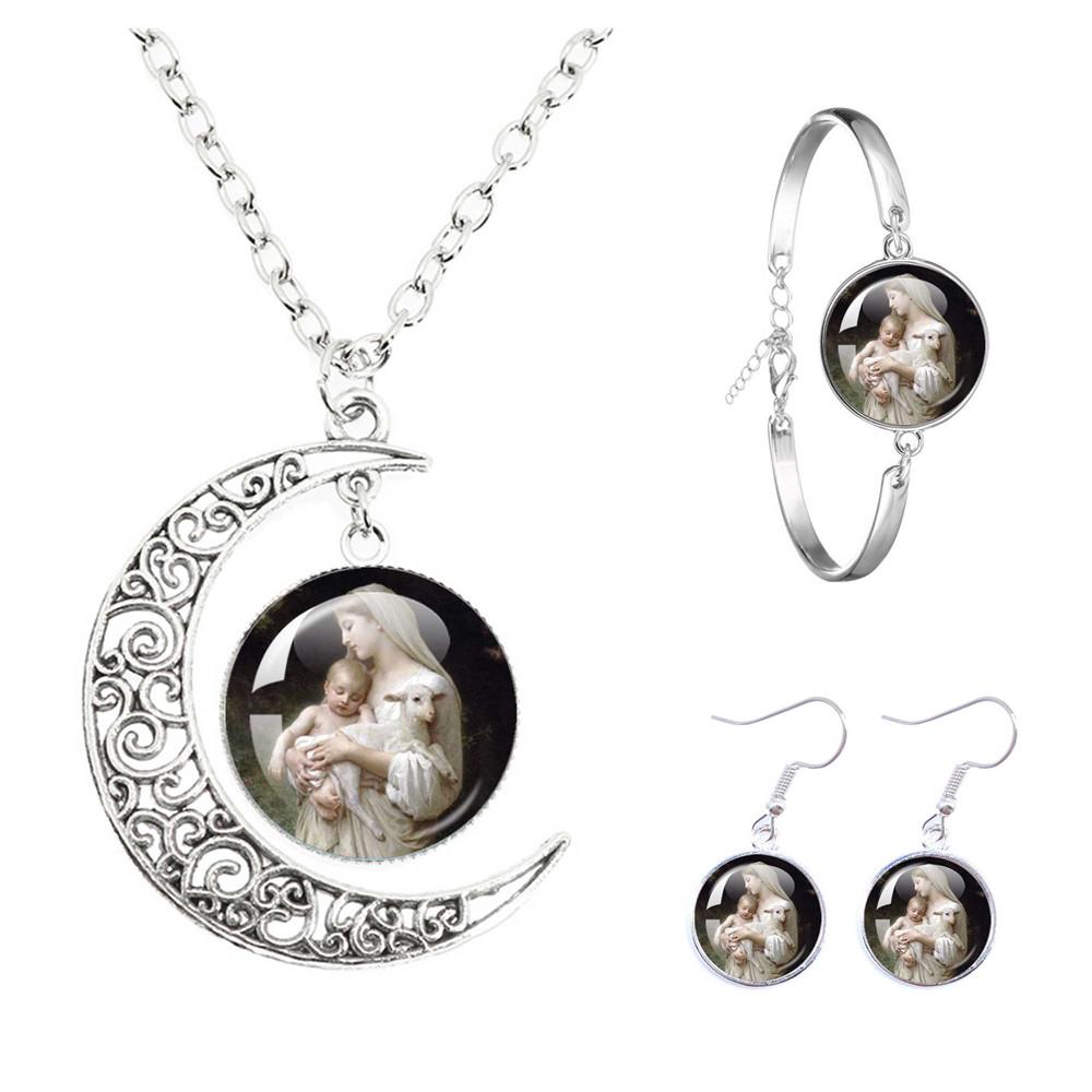 Virgin Mary And Baby Jesus Catholicism The Moon Necklace Earrings Bracelet Set Religious Glass Cabochon Pendant Gift Jewelry