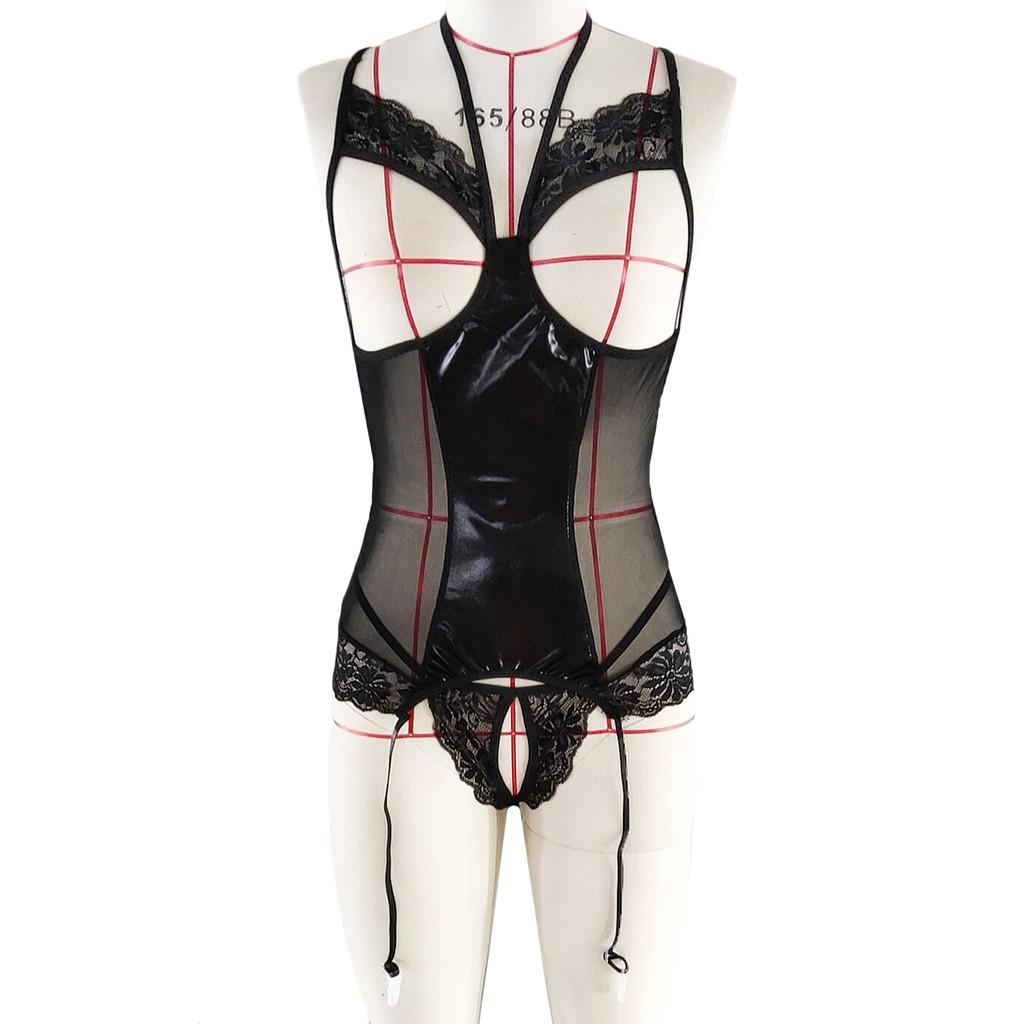 Dámské sexy spodní prádlo kožené duté body s podvazkem tanga