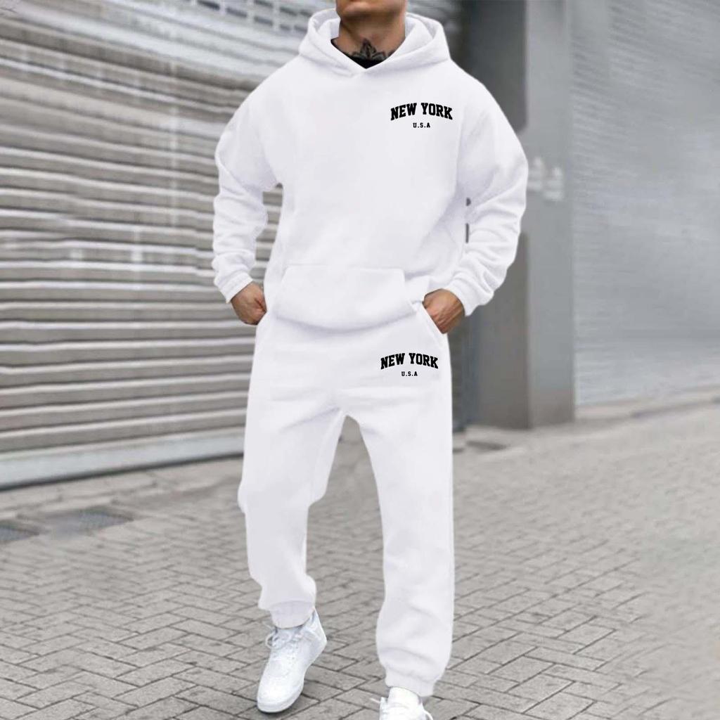 Men's And Women's Street Velvet Hooded Printed Sweatshirt Hoodie Trousers Suit