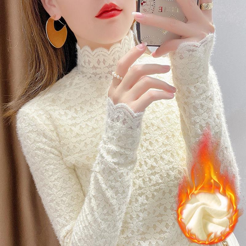 Women's Fleece-Lined Lace Base Layer Top: Stylish High-Neck Brushed Mesh Shirt for Autumn/Winter
