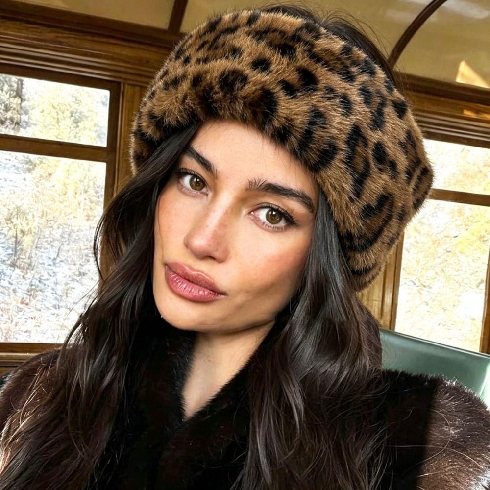 Windproof Leopard Print Hairband Ear Warm Winter Elastic Headband Fluffy Plush Headband  Sports