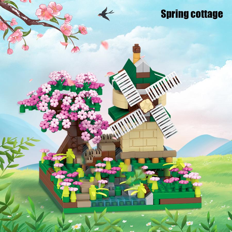 Vier Jahreszeiten Hütte Straßenansicht Bausteine Mikrosteine Spielzeug Kirschblüten Baumhaus DIY Montage Kinderspielzeug Heimdeko