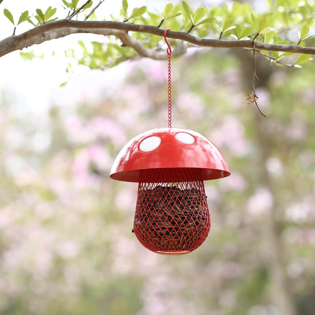 Mushroom shaped Bird Feeder Wild Bird Seed Feeder Outdoor Decorative Garden Metal Hanging Food Mesh House