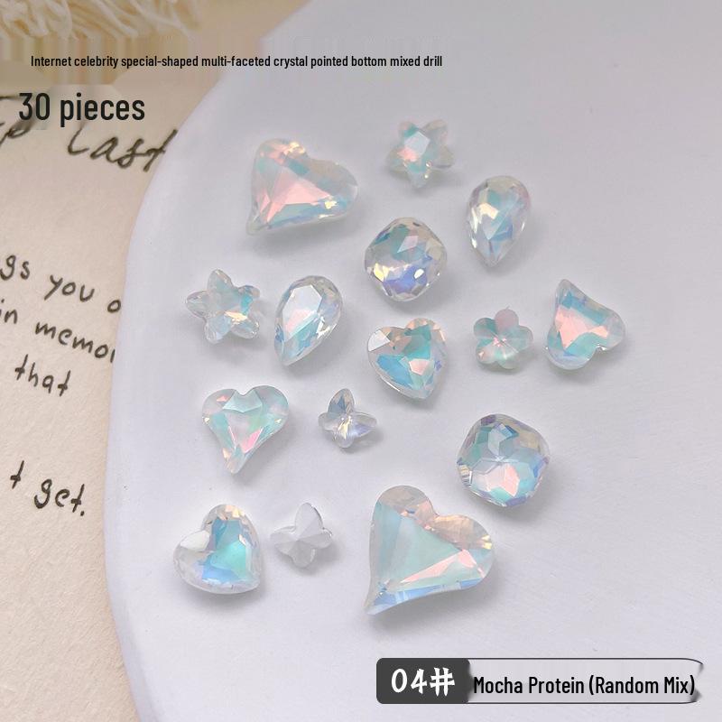 30-Piece Nail Art Crystal Rhinestones Set: Shiny Butterfly, Square, Asymmetrical Peach Heart Shapes