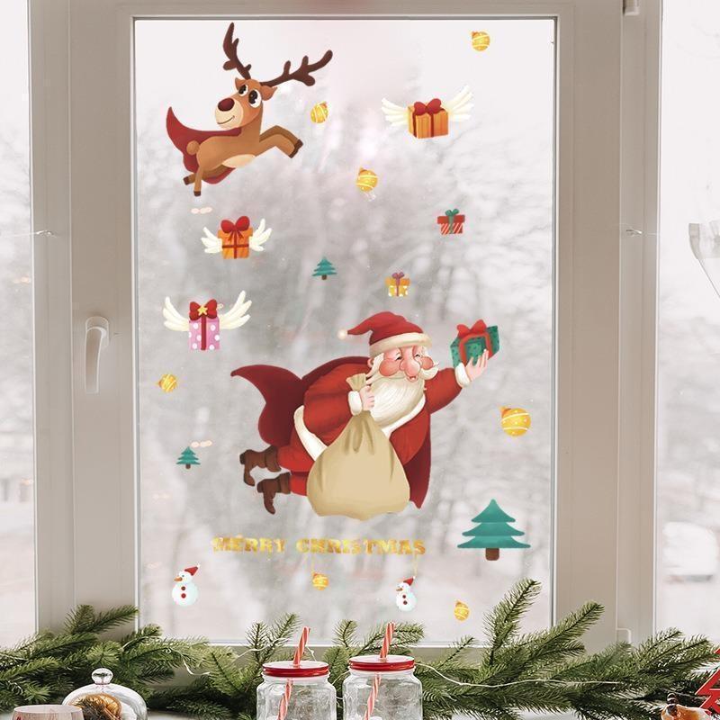 Cartoon Santa Claus Gift Wall Sticker Christmas Glass Windows Room Decor Decals Bedroom Home Decoration New Year Removable Mural