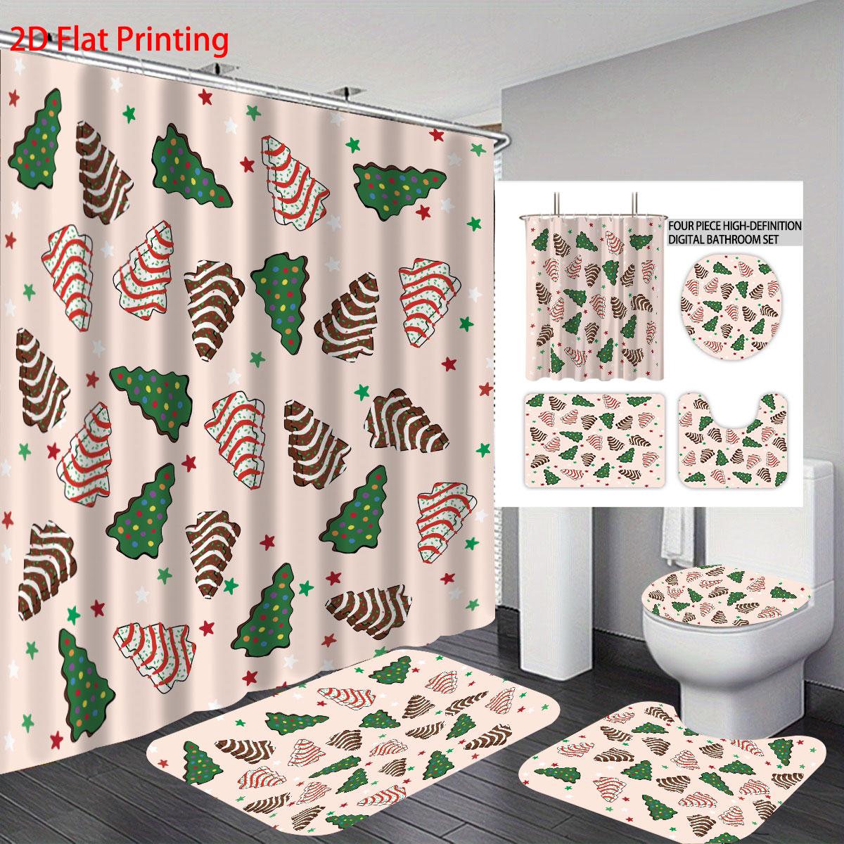 

4pcs Colorful Christmas Tree Printed Bathroom Set 180x180 Waterproof Shower Curtain, Floor Mat, U-shaped Mat, Toilet Mat Regular