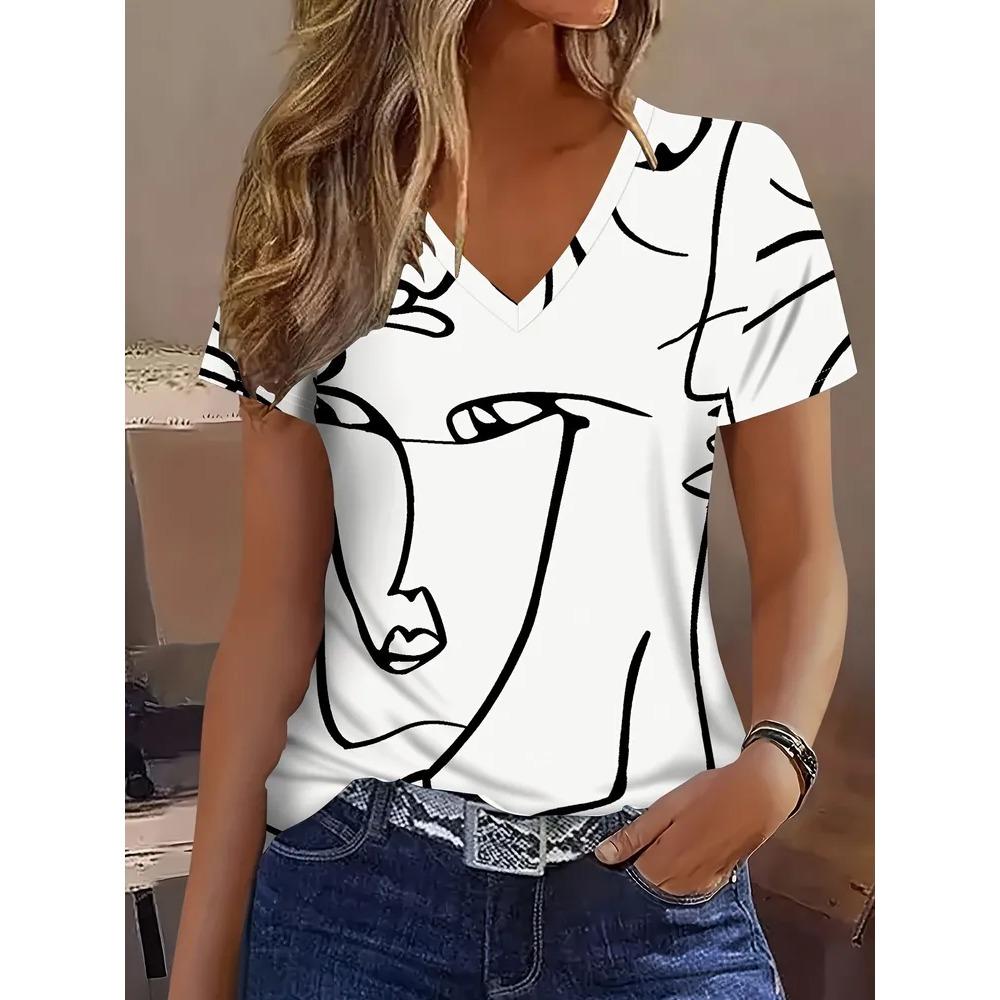 Creative Colorful Stripe Pattern Summer Soft Fashionable Comfortable Women's T-Shirts Casual Breathable Loose V-Neck Short-Sleeve T-Shirt