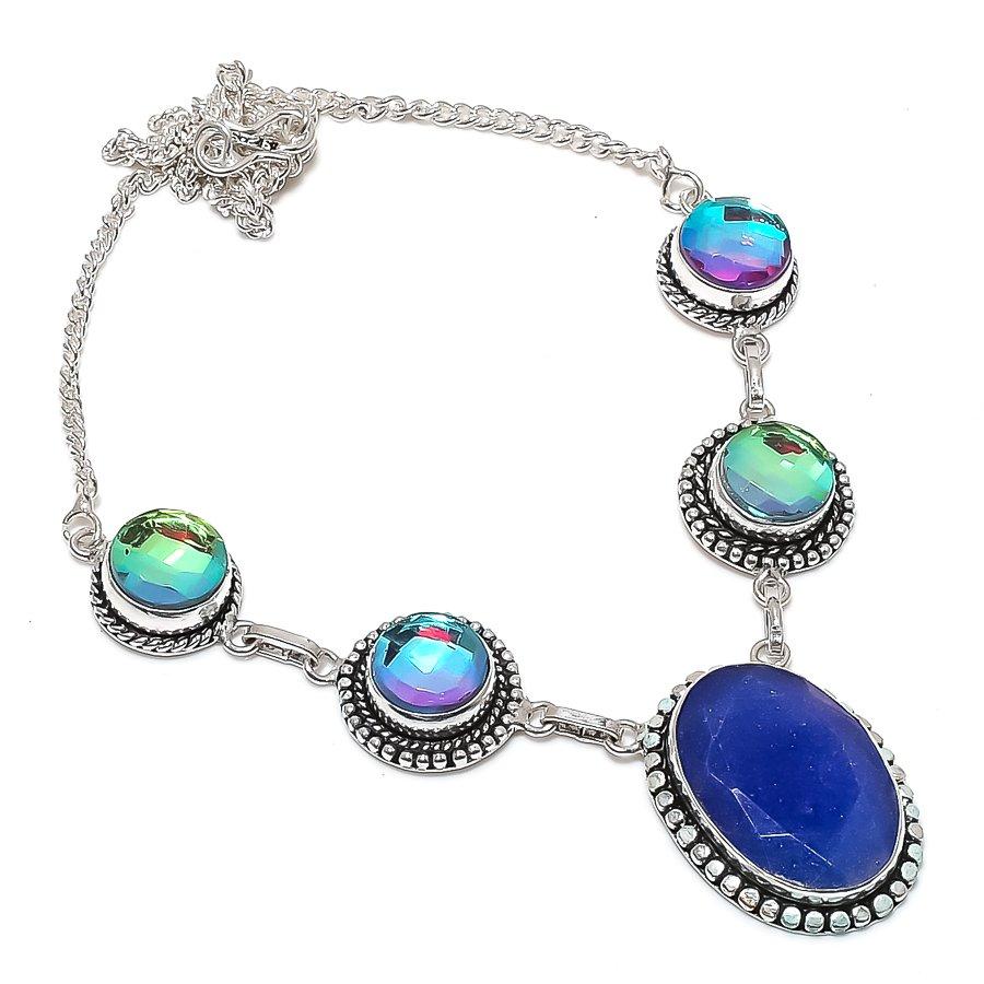 Sapphire(Simulated), Mystic Gemstone 925 Sterling Silver Necklace 18"