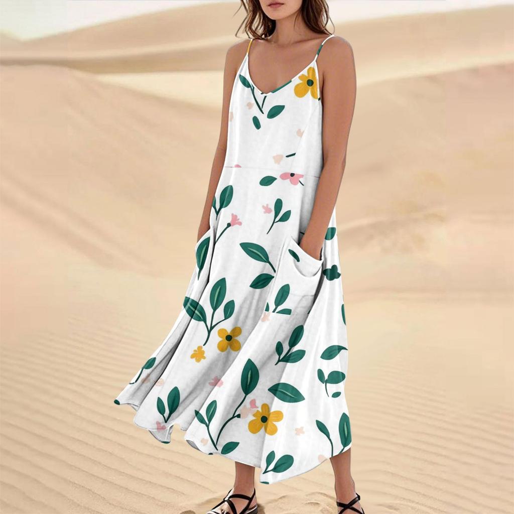 Women's Casual V Neck Floral Print Sleeveless Pocket Suspender Dress