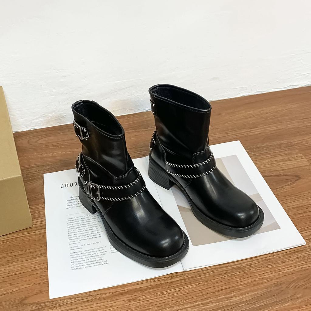 Grape mother retro polished knight boots short belt buckle old thick heel British style short boots comfortable platform women's boots