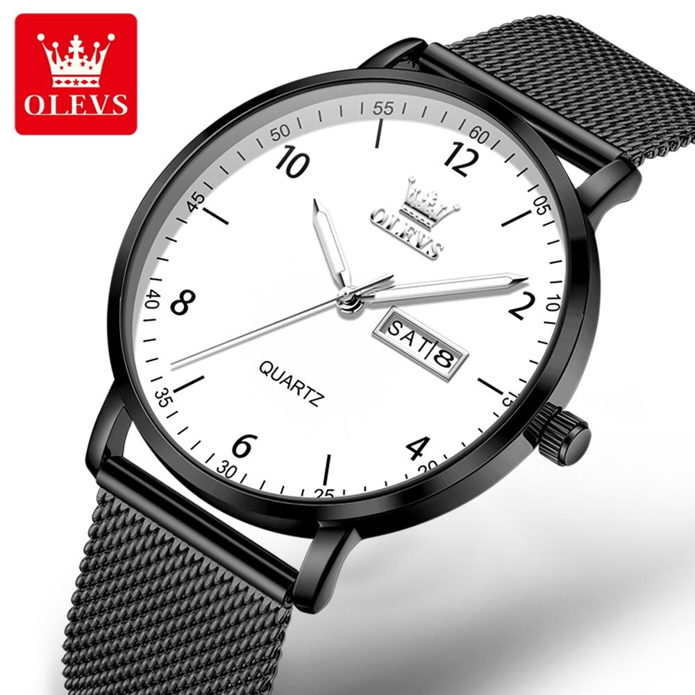OLEVS Original Quartz Watches for Men Minimalist Mesh Steel Strap Men's Watches Dual Calendar Waterproof Luminous Man Watch 2996