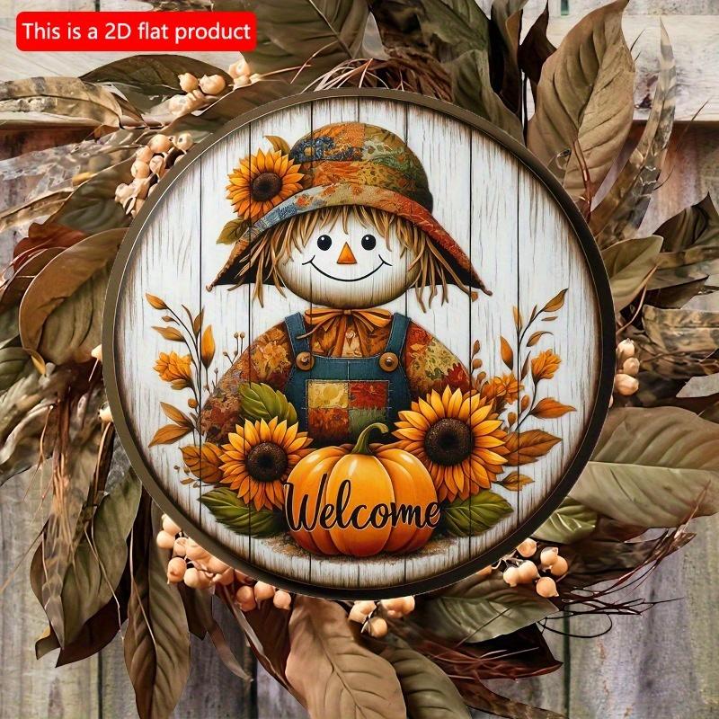 2d Flat 20*20cm, Autumn Home Decoration, Creative Decor Logo, Wooden Round Logo with Autumn Sunflowers, Pumpkins and Scarecrows, Used for Kitchen