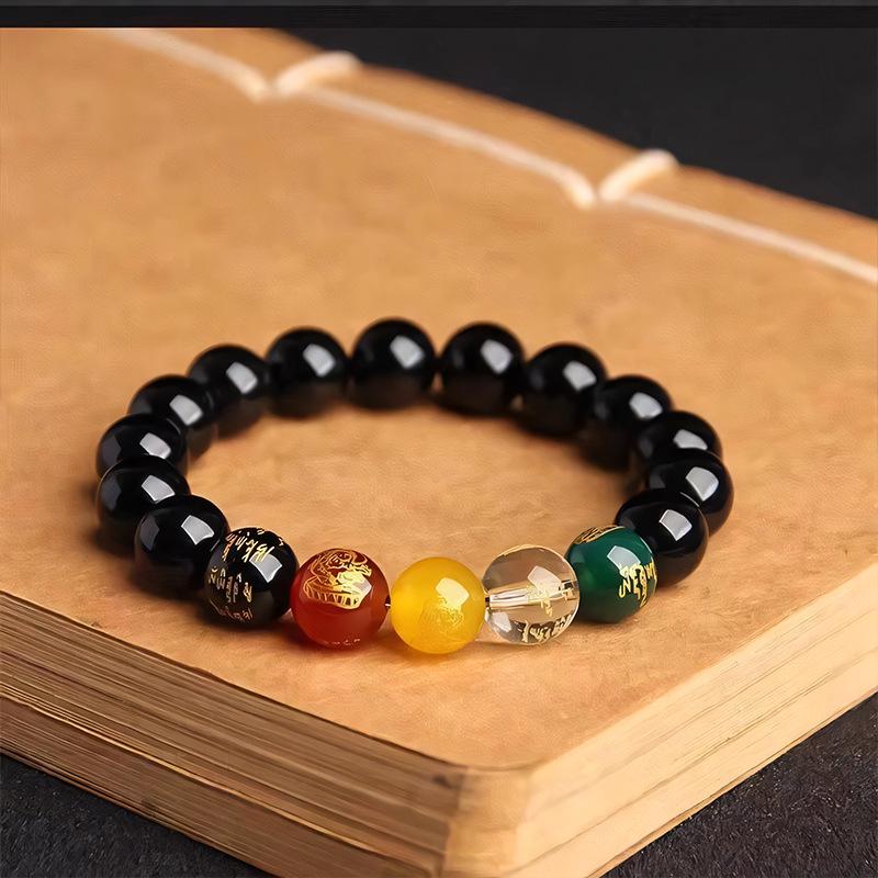 Black Obsidian Five-Way God of Wealth Bracelet for Men & Women, Good Luck Bead Jewelry, Birth Year Bracelet