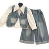Mädchen Stylische Jeansweste & Fransen-Weitbein-Hose Set mit Hemd - Herbst 2025 Kollektion