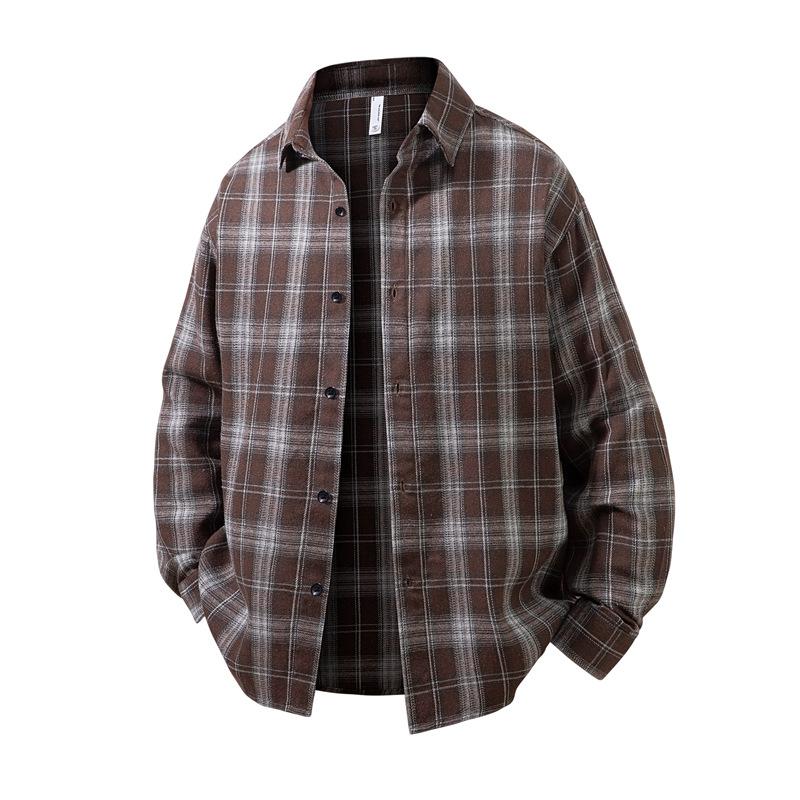 Men's Brown Plaid Flannel Shirt Oversized Long Sleeve Button Down Shirt Jacket
