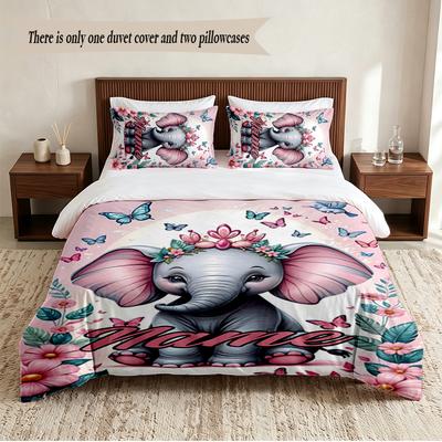 Warm Elephant Personalized Custom Name 3‑Piece Bedding Set Soft Duvet Cover Set For Bedroom Home Decor