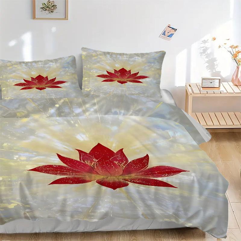 

3pcs Lotus Flower Print Duvet Cover Set, Cover For Bedroom Guest Room (1 Duvet Cover + 2 Pillowcase, Without Quilt), yy250922174 135x200cm