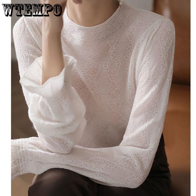 White Knitted Shirt Long Sleeve Hollow Bottom Shirt Trumpet Top Early Autumn Women's Wear