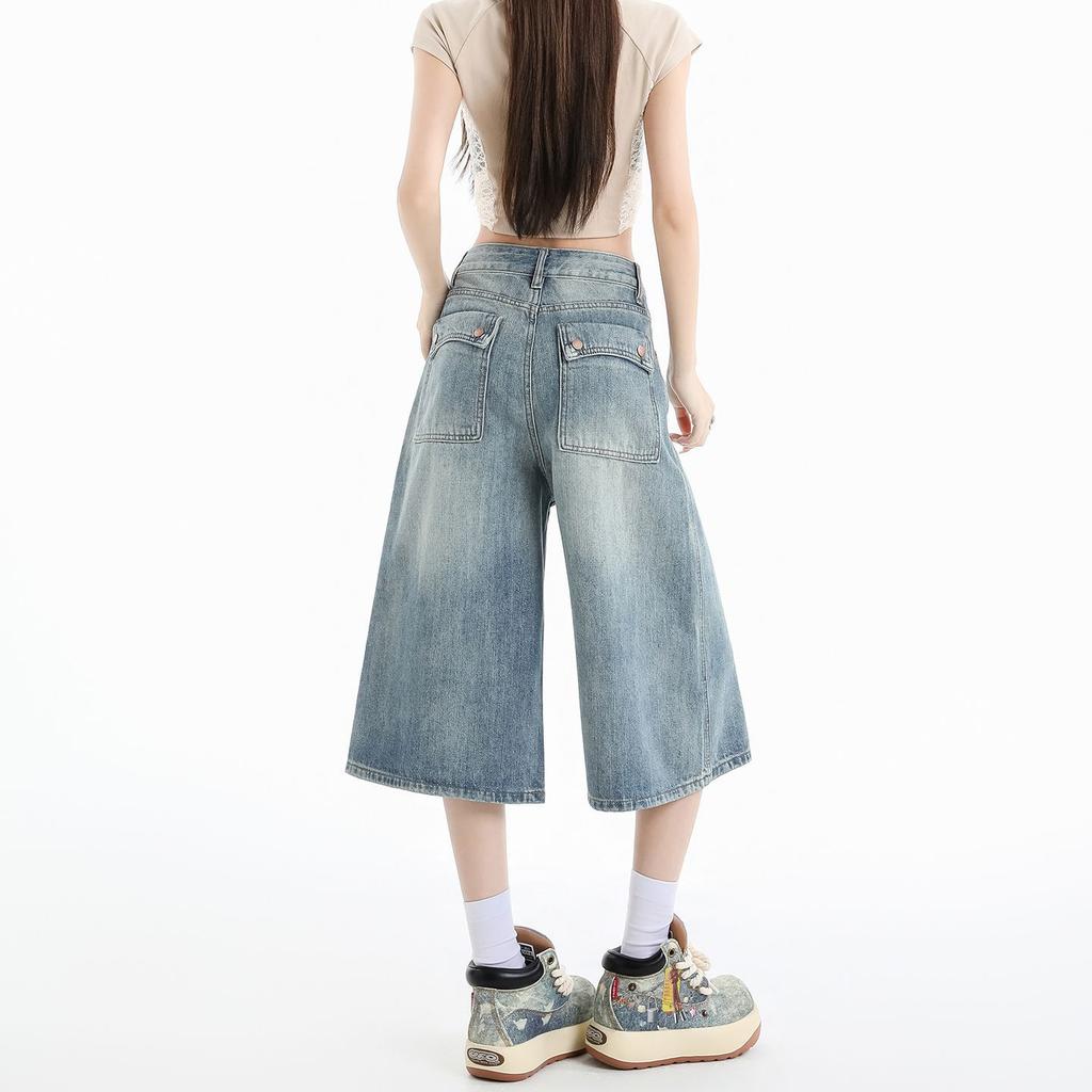 Trendy Summer Loose Fit Denim Cropped Capri Pants For Petite Women High Street Wide Leg Straight Versatile Slimming Daily Trousers