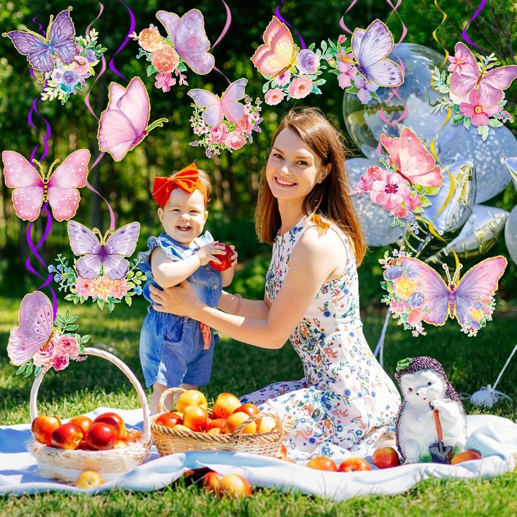 32Pcs Butterfly Party Decorations, Butterfly Hanging Swirl Decorations Pink and Purple Hanging Butterfly Decorations for Spring Summer Garden