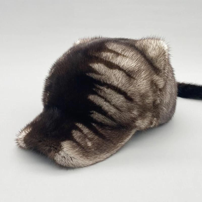 Mink Fur Hats for Women Winter Warm Solid Genuine Luxury Fur Cap High Quality Female Fur Hat with Tail Cute Girls Cat Hats