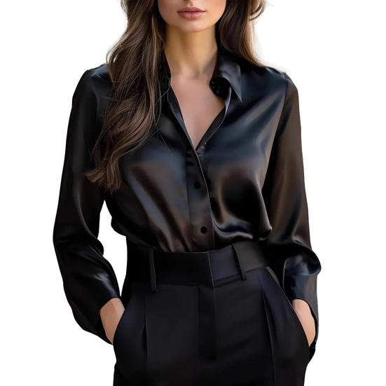 Women Shirt Lapel Long Sleeve Single Breasted Shirt Tops Smooth Fabric Satin Office Lady Shirt Versatile Autumn Wear