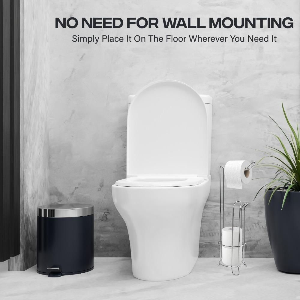1PC Free Standing Toilet Roll Holder Stainless Steel with Extra Storage Shiny Chrome Bathroom Tissue Paper Organizer Accessories