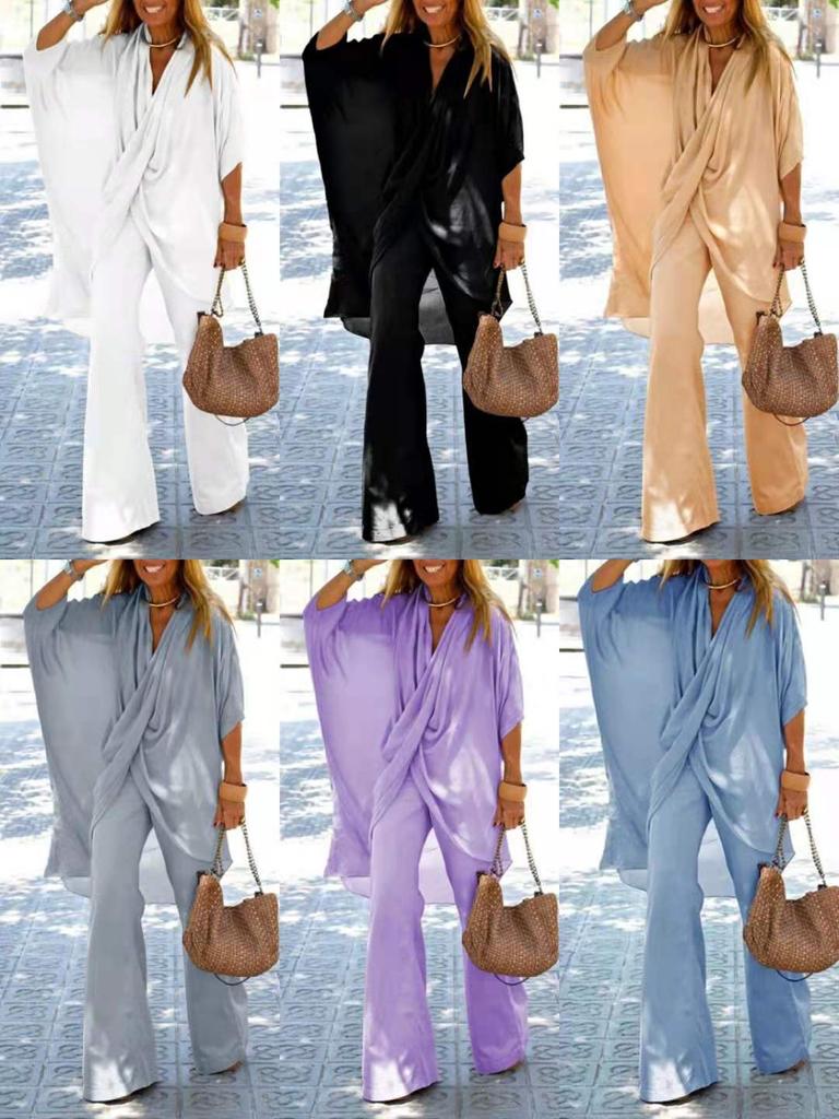MAITA Spring/Summer Women Casual Loose Tulle Doll Sleeves Cotton Linen Blouse Top Wide Leg Pants Solid Color Two Piece