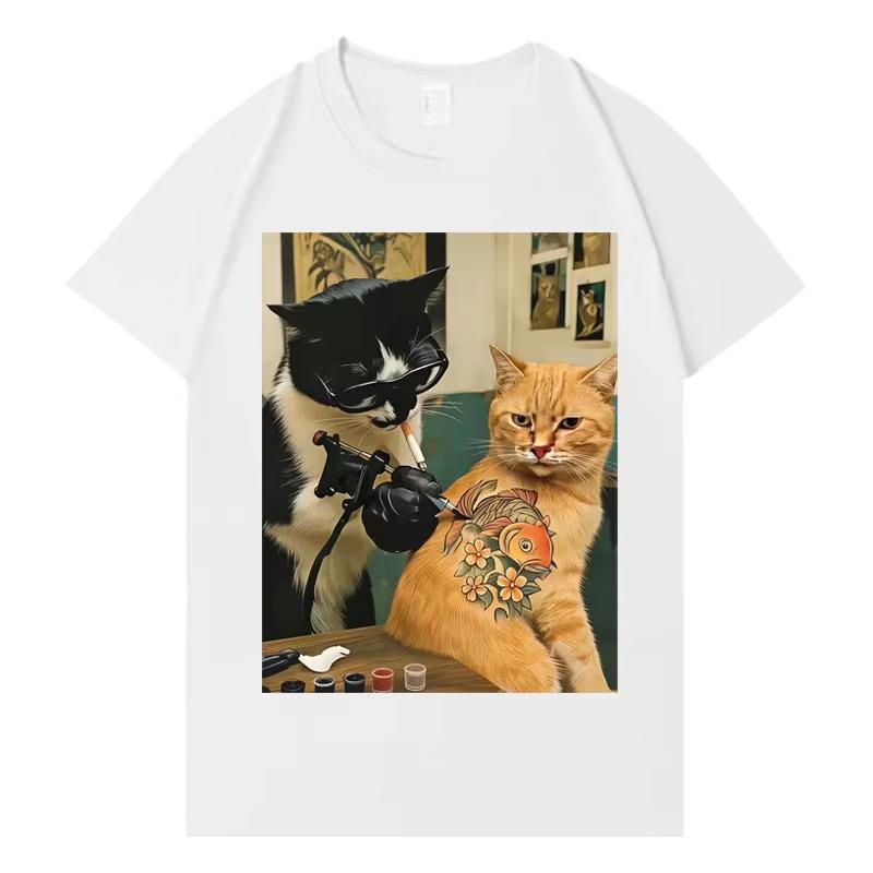 Trendy Graphic T Shrit Cat Smoking Tattoo Inked Funny Meme Tshirt Harajuku Y2k Tshirt Shortsleeve Summer O Neck Casual Tshrit