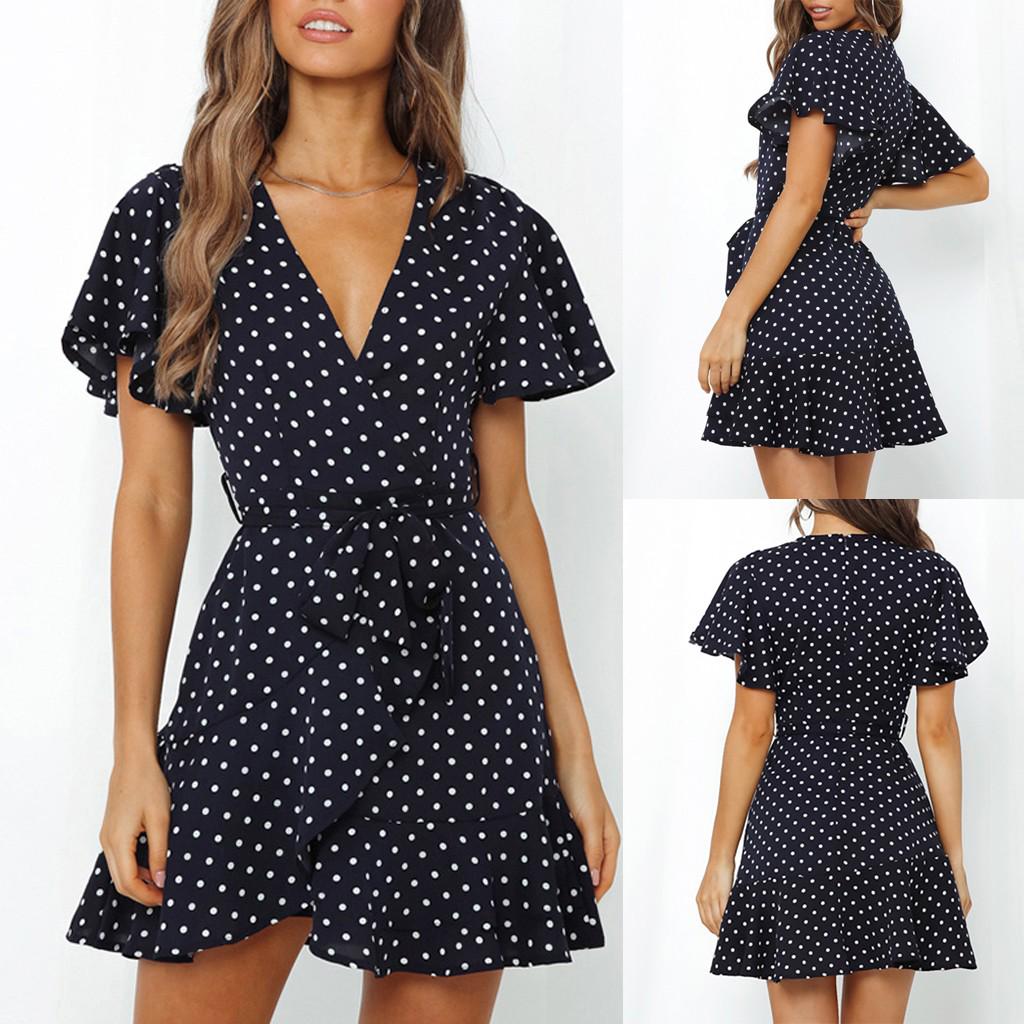 

Womens V Neck Dot Print Short Sleeve Bandage Ruffled Flounce Casual Mini Dress