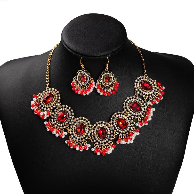 Bohemian Crystal Jewelry Set Fashion Vintage Ethnic Gemstone Tassel Necklace Earrings Set