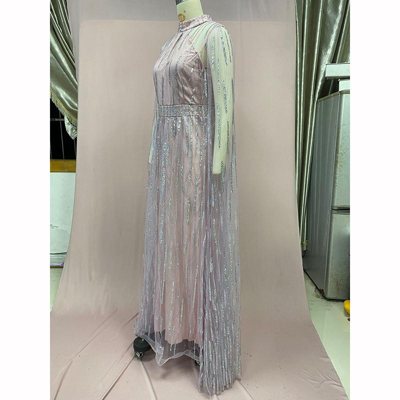Damen Elegant Quasten Pailletten Partykleid Maxi Langarm Sexy Ausgeschnitten Rundhals Abend Hochzeitskleider
