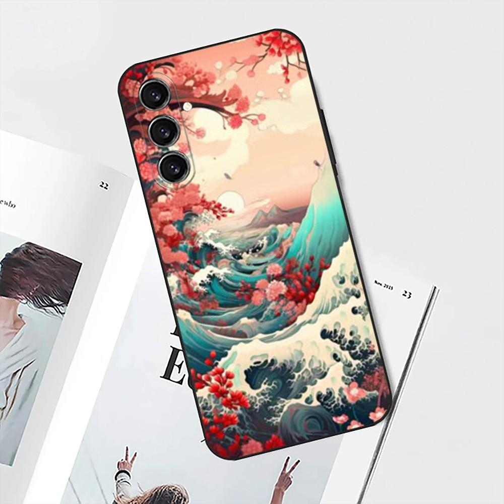 Ukiyo Ocean Waves Phone Case For Samsung S25,S24,S21,S22,S23,S30,Ultra,S20,Plus,Fe,Lite,Note,10 Black Soft Shell