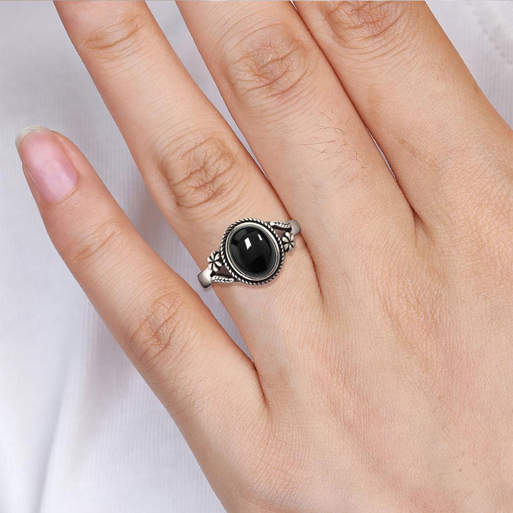Vintage 925 Sterling Silver Natural Black Onyx 8*10mm Ring Flower Shaped Tiger's Eye Ring Fine Jewelry Finger Ring For Women