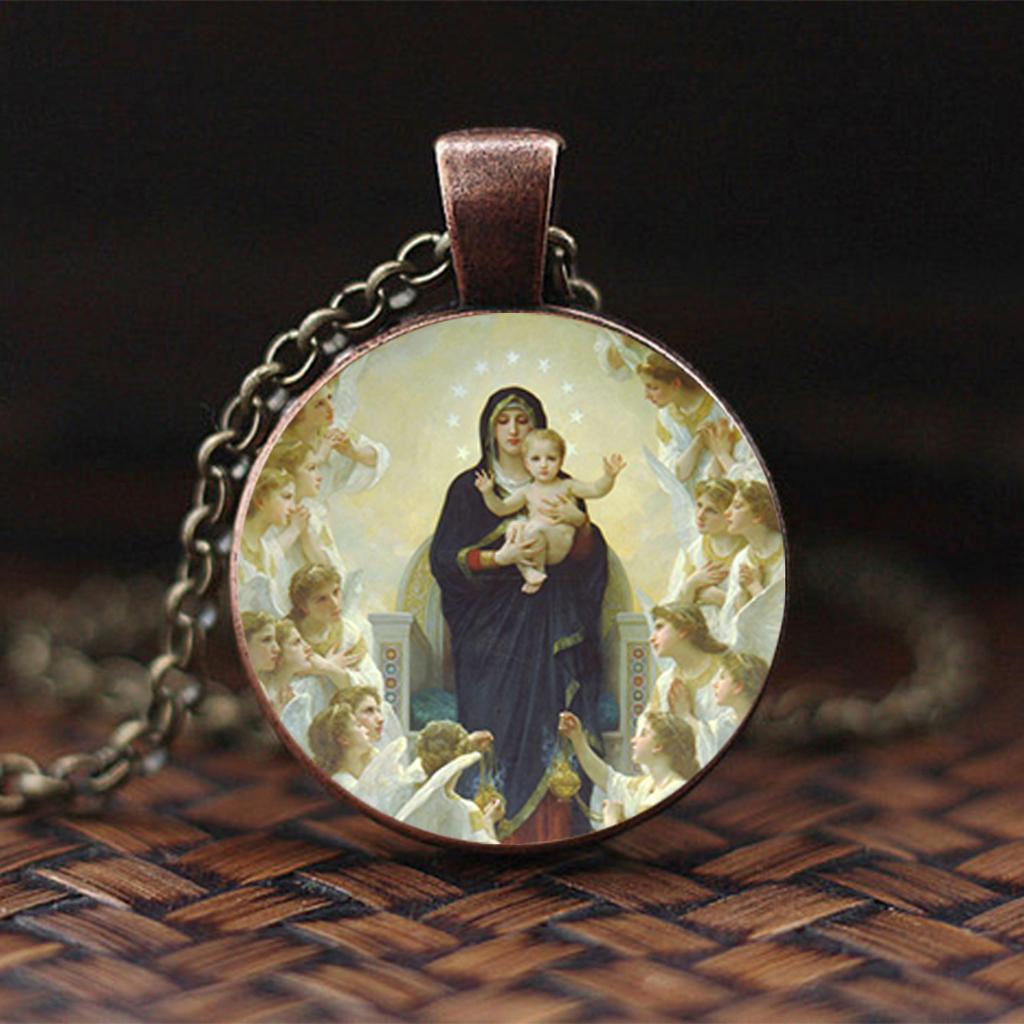 Unsere Liebe Frau der Engel Schwarze Halskette Jungfrau Maria und Kind Jesus Katholische Medaille Religiöser Anhänger mit Kette