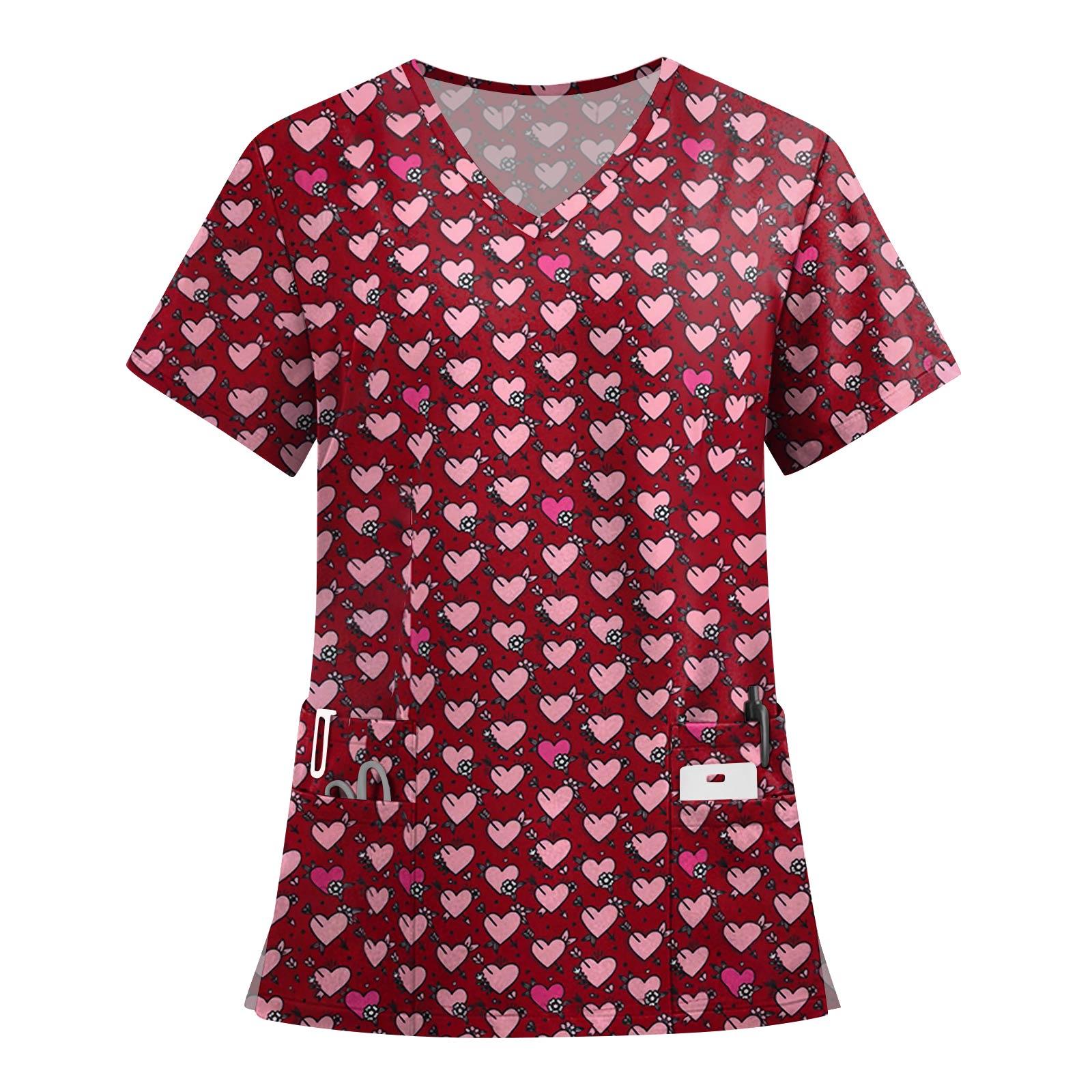 

Women s Fashion Printed Short Sleeve V Neck Pattern Tops Pocket Working T-shirts XXL винний